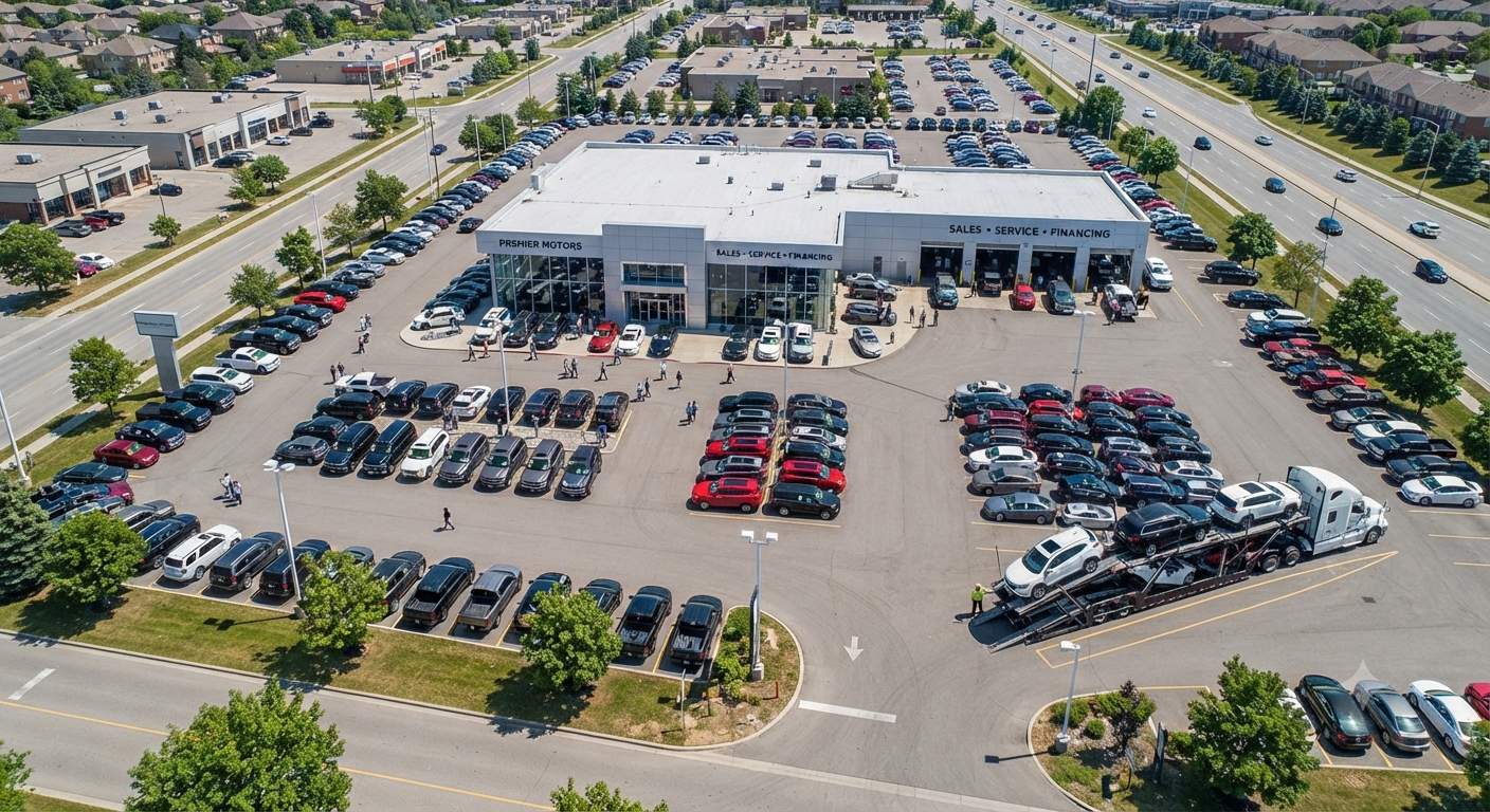 Aerial view of dealership lot with car hauler — Approved Auto Transport dealer services.